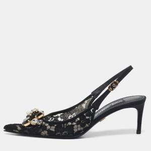 Dolce & Gabbana Black Mesh and Lace Crystal Embellished Slingback Pumps Size 36.5