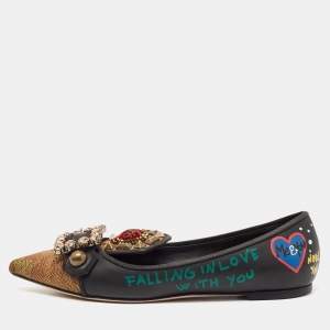 Dolce & Gabbana Black Leather Crystal Embellished Ballet Flat Size 37