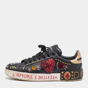 Dolce & Gabbana Black Leather Portofino Embellished Low Top Sneakers Size 38