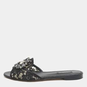 Dolce & Gabbana Black Lace Sofia Crystals Slide Flats Size 37