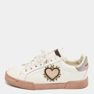 Pre Owned Dolce & Gabbana White Leather Love Applique Portofino Low Top Sneakers Size 40