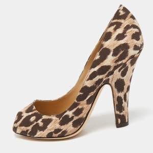 Dolce & Gabbana Brown/Beige Leopard Print Fabric Peep Toe Pumps Size 37.5