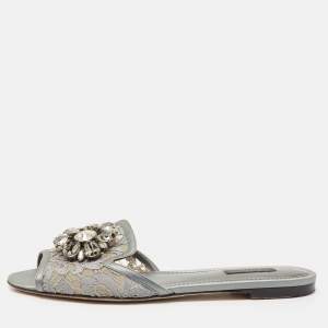 Dolce & Gabbana Grey Lace Crystal Embellished Flat Slide Sandals Size 39