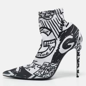 Dolce & Gabbana Black/White Stretch Knit Graffiti Sock Ankle Length Boots Size 39