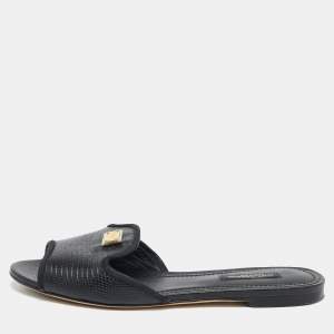 Dolce & Gabbana Black Lizard Embossed Leather Sofia Flat Slides Size 36