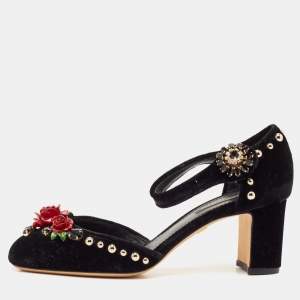 Dolce & Gabbana Black Velvet Studded and Rose Embellished Ankle-Strap Pumps Size 37