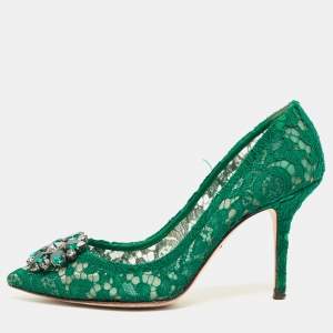 Dolce & Gabbana Green Lace Bellucci Crystal Embellished Pumps Size 39.5