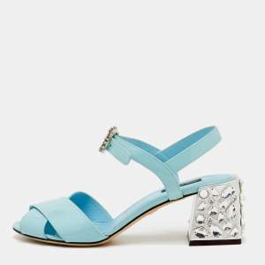Dolce & Gabbana Light Blue Patent Leather Crystal Embellished Heel Ankle Strap Sandals Size 38.5