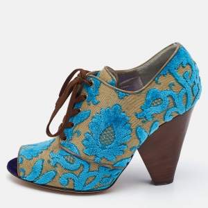 Dolce & Gabbana Blue/Beige Brocade Fabric Lace Up Booties Size 38.5