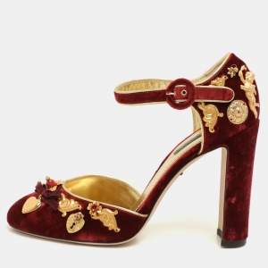 Dolce & Gabbana Red Leather and Velvet Embellished Ankle Strap Pumps Size 39