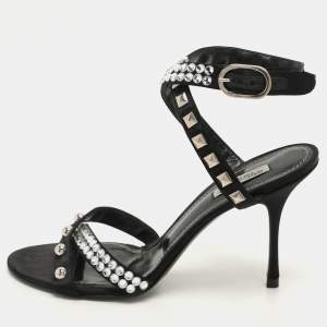 Dolce & Gabbana Black Satin Crystal and Studs Embellished Ankle Strap Sandals Size 40