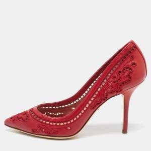 Dolce & Gabbana Red Leather and Lace Laser Cutout Pumps Size 36.5