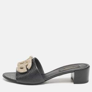 Dolce & Gabbana Black Lizard Embossed Leather Bianca Sandals Size 40