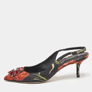 Dolce & Gabbana Multicolor Brocade Fabric Crystal Embellished Slingback  Pumps Size 40.5           