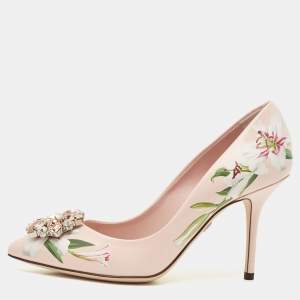 Dolce & Gabbana Pink Floral Print Leather Crystal Embellished Pumps Size 37
