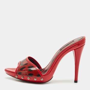Dolce & Gabbana Red/Black Leopard Print Patent Leather Slide Sandals Size 39