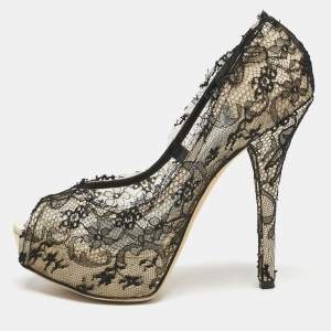 Dolce & Gabbana Black/Beige Lace and Satin Peep Toe Platform Pumps Size 40