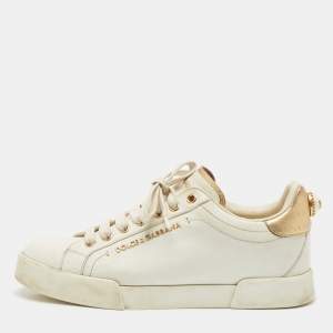 Dolce & Gabbana White Leather Pearl Embellished Portofino Sneakers Size 38
