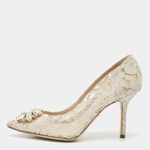 Dolce & Gabbana Off White Lace and Mesh Bellucci Pumps Size 38.5