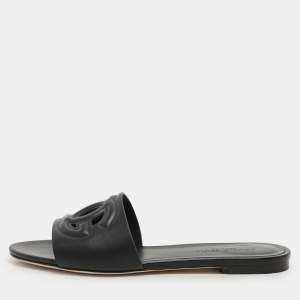 Pre Owned Dolce & Gabbana Black Leather DG Logo Flat Slides Size 40