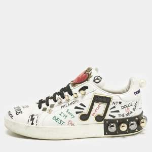 Dolce & Gabbana White Leather Portofino Graffiti Heart Applique Low top Sneakers Size 39