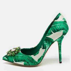 Dolce & Gabbana Multicolor Banana Leaf Print Satin Crystal Embellished Pumps Size 39