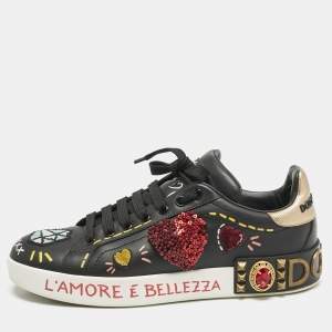 Dolce & Gabbana Black Leather Portofino Embellished Low Top Sneakers Size 39