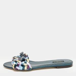 Dolce & Gabbana Multicolor Metallic Leather Woven Bow Flat Slide Sandals Size 40