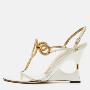 Dolce & Gabbana White Leather Crystal Embellished Wedge Sandals Size 38