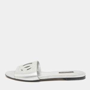 Dolce & Gabbana Metallic Silver Leather Logo Flat Slide Sandals Size 37