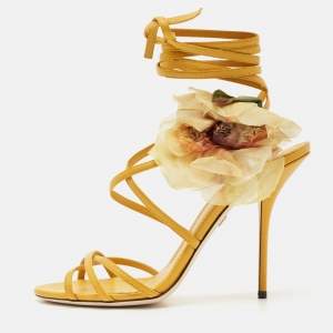 Dolce & Gabbana Yellow Leather Flower Embellished Ankle Wrap Sandals Size 39.5