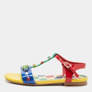 Dolce & Gabbana Multicolor Patent Leather Crystals Embellished T-Strap Sandals Size 34