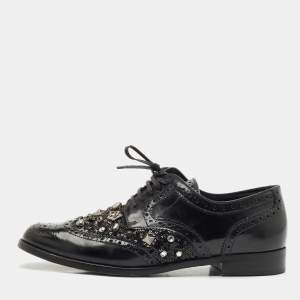 Dolce & Gabbana Black Brogue Leather Studded Embellished Lace Oxfords Size 40