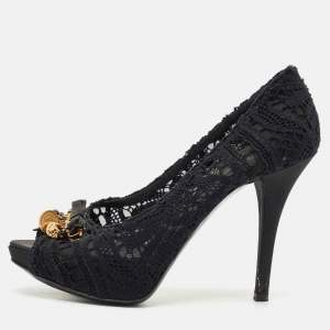 Dolce & Gabbana Black Lace and Mesh Embellished Peep Toe Pumps Size 39