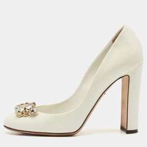 Dolce & Gabbana White Patent Leather Crystal Embellished Block Heel Pumps Size 40
