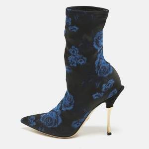 Dolce & Gabbana Black/Blue Knit Fabric Rose Gardinale Ankle Length Boots Size 37.5