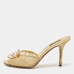 Dolce & Gabbana Gold Lace And Mesh Crystal Embellished Keira Sandals Size 41