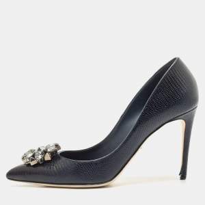 Dolce & Gabbana Navy Blue Lizard Embossed Leather Bellucci Crystal Embellished Pumps Size 40
