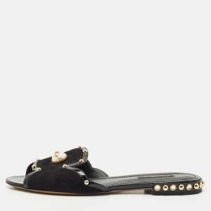 Dolce & Gabbana Black Suede DG Pearl Studded Flat Slide Sandals Size 38