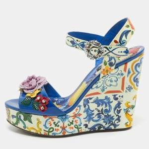 Dolce & Gabbana Multicolor Floral Patent Leather Wedge Platform Ankle Strap Sandals Size 37