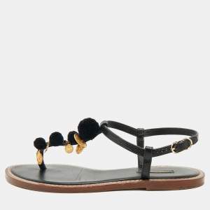 Dolce & Gabbana Black Lizard Embossed Leather Embellished Thong Flats Size 38.5