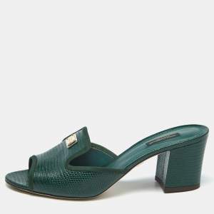 Dolce & Gabbana Dark Green Lizard Embossed Leather Logo Slide Sandals Size 40.5