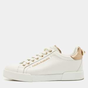 Pre Owned Dolce & Gabbana White Leather Pearl Embellished Portofino Sneakers Size 37