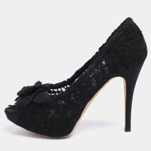 Pre Owned Dolce & Gabbana Black Lace Flower Lace Embellished Platform Pumps Size 38