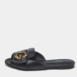 Dolce & Gabbana Black Leather Devotion Flat Slides Size 36.5