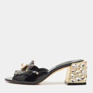 Dolce & Gabbana Black Patent Leather Crystal Embellished Slide Sandals Size 36.5