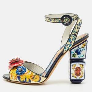 Dolce & Gabbana Multicolor Printed Patent Leather Embellished Ankle Wrap Sandals Size 38