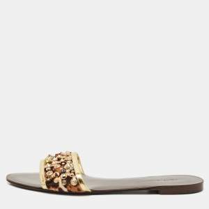 Pre Owned Dolce & Gabbana Gold Calf Hair and Leather Crystal Embellished Flat Slide Size 40