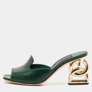 Dolce & Gabbana Green Lizard Embossed Leather Keira Slide Sandals Size 36