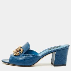 Dolce & Gabbana Blue Lizard Embossed Leather DG Amore Slide Sandals Size 39.5